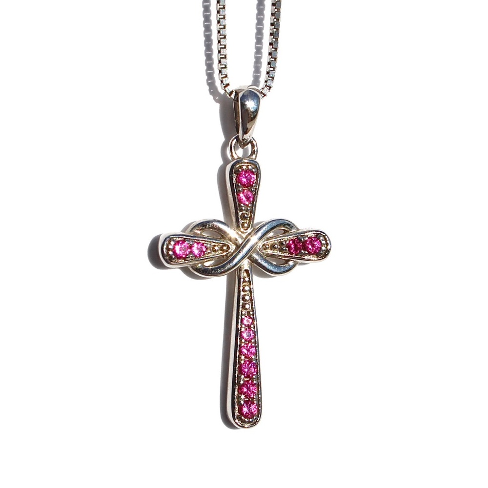 Ruby Sterling Silver Cross Pendant Necklace Infinity Symbol Lab Created Rubies